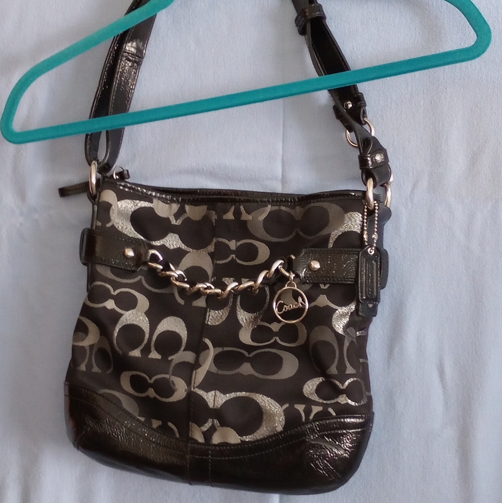 Authentic Coach NWOT black fabric, metallic silver lettering shoulder bag. - Picture 2 of 5
